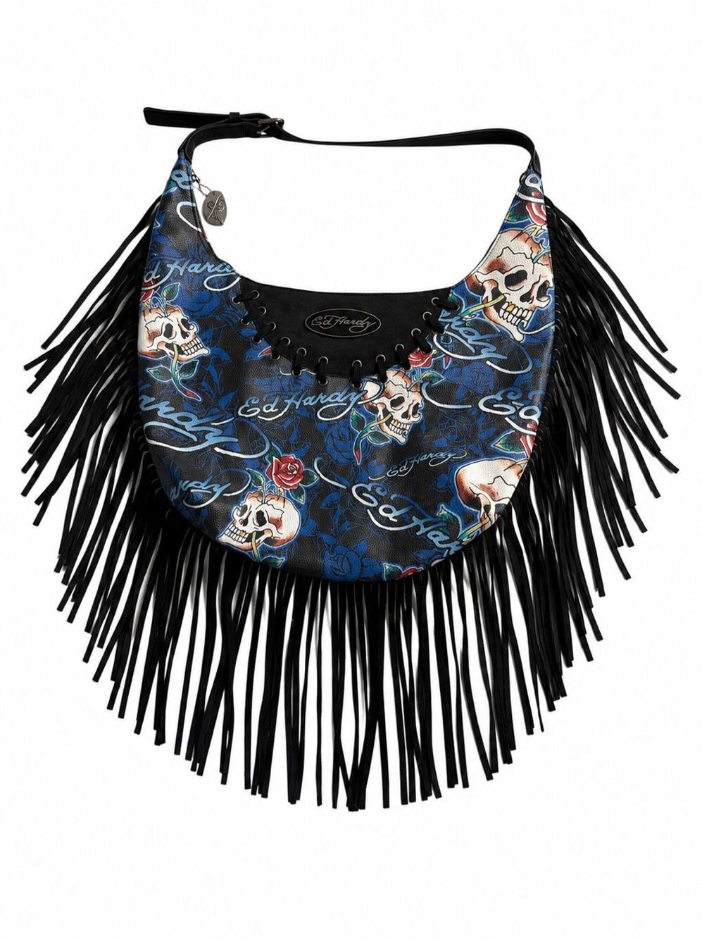 Ed Hardy Hobo Bag Womens Large Blue Black Skull Fringe Tattoo Shoulder Rock Y2K